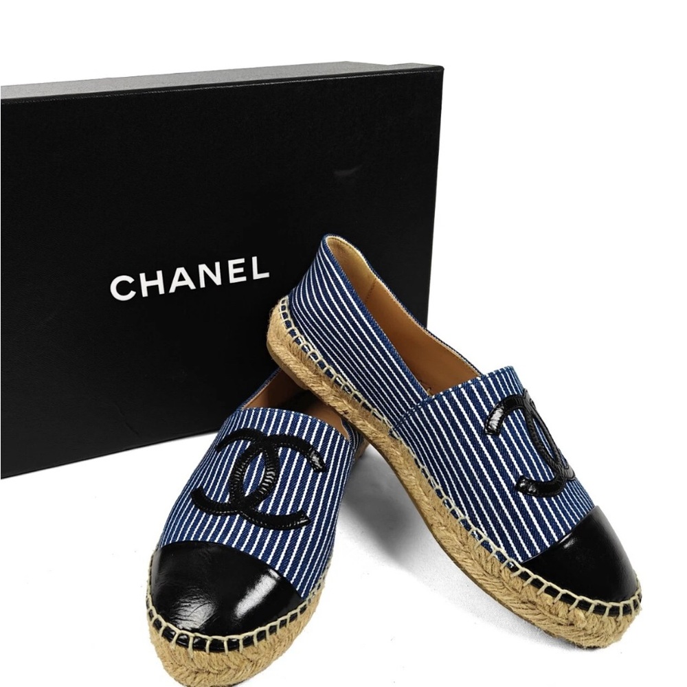 CHANEL Blue White Striped Espadrilles with Black Cap Toe